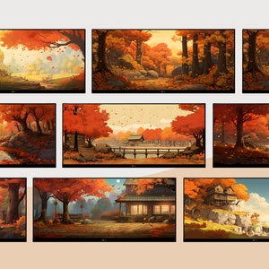 May include: A collection of nine digital illustrations depicting various autumnal scenes. The scenes feature a mix of forests, rivers, bridges, houses, and mountains. The colors are warm and inviting, with shades of orange, red, yellow, and brown.