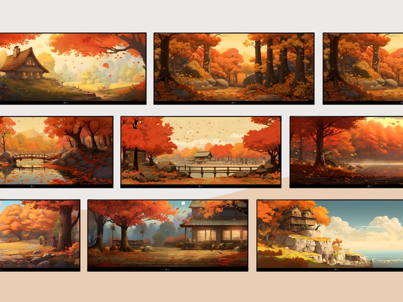 May include: A collection of nine digital illustrations depicting various autumnal scenes. The scenes feature a mix of forests, rivers, bridges, houses, and mountains. The colors are warm and inviting, with shades of orange, red, yellow, and brown.