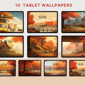 May include: Ten digital tablet wallpapers featuring autumnal scenes with a Japanese aesthetic. The wallpapers feature a variety of landscapes, including forests, rivers, and houses. The colors are warm and inviting, with shades of orange, red, and yellow. The wallpapers are perfect for anyone who wants to bring a touch of autumn to their tablet.