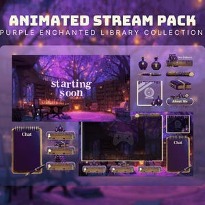 May include: An animated stream pack with a purple enchanted library theme. The design includes a starting soon screen, chat boxes, and various overlay elements like bottles, pens, and books. The overall aesthetic is fantasy-themed.