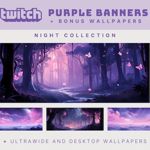 Banner de transmisión de Twitch morado, banner de Twitch morado de Halloween, banner de transmisión de cielo morado, fondo de pantalla de escritorio de bosque morado ultra ancho de noche morada