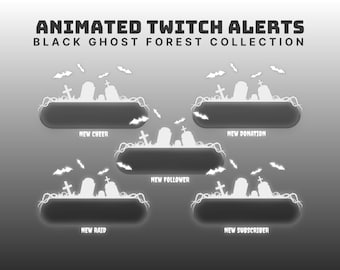 May include: Animated Twitch alerts with a Black Ghost Forest theme. The image features five animated alert designs with a graveyard scene, including tombstones, bats, and the text "New Cheer", "New Donation", "New Follower", "New Raid", and "New Subscriber".
