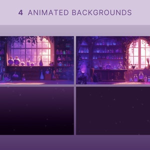 May include: An animated background featuring a purple and blue potion shop with shelves full of glass bottles and jars. The shop has a large window with a view of a moonlit sky. The background also includes a purple and blue gradient with twinkling stars.