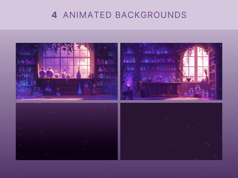 May include: An animated background featuring a purple and blue potion shop with shelves full of glass bottles and jars. The shop has a large window with a view of a moonlit sky. The background also includes a purple and blue gradient with twinkling stars.