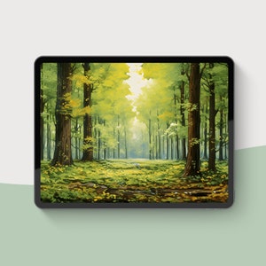 Op de afbeelding: Een schilderij van een boslandschap met hoge bomen en groen gebladerte. De zon schijnt door de bomen, waardoor een heldere en luchtige sfeer ontstaat.