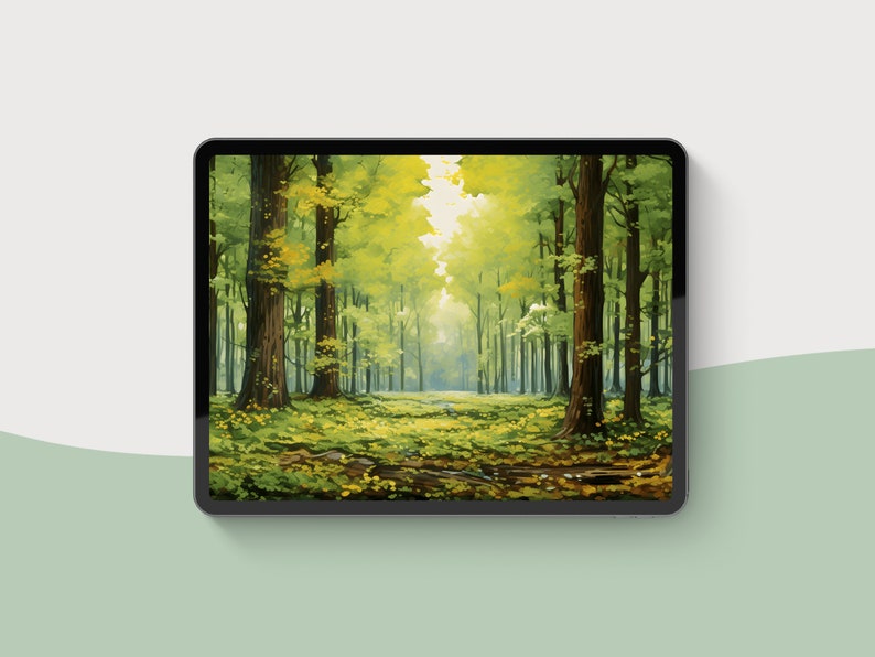 Op de afbeelding: Een schilderij van een boslandschap met hoge bomen en groen gebladerte. De zon schijnt door de bomen, waardoor een heldere en luchtige sfeer ontstaat.
