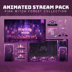 Puede incluir: Paquete de transmisión animada con un tema de bosque de brujas rosa. El diseño incluye una pantalla de inicio, una superposición de cámara web y paneles con botellas de pociones y una luna creciente. El texto "starting soon" es visible.