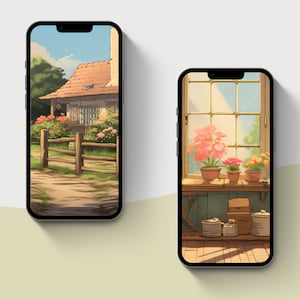 May include: Two phone screen mockups with a digital illustration of a cottage and a window with potted plants. The cottage is brown with a red tile roof and is surrounded by a wooden fence. The window is white with a view of a blue sky and green trees. The plants are pink and orange.