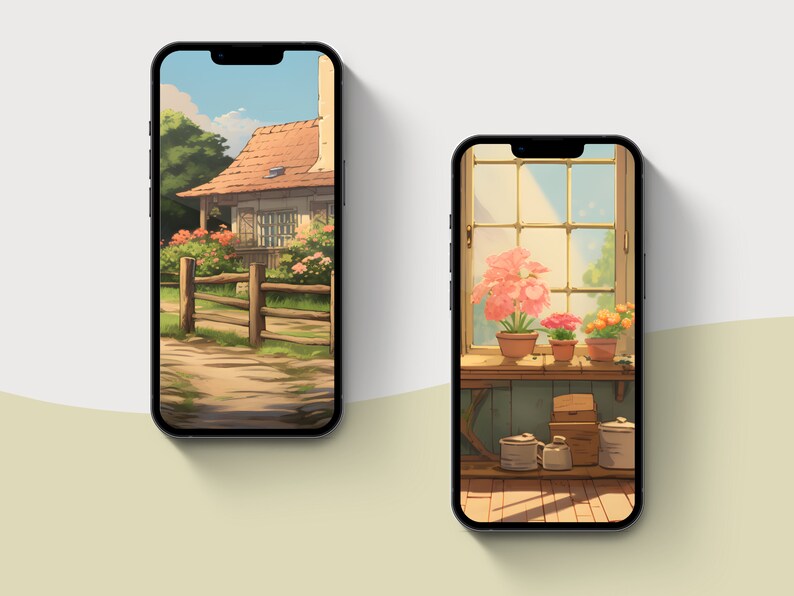 May include: Two phone screen mockups with a digital illustration of a cottage and a window with potted plants. The cottage is brown with a red tile roof and is surrounded by a wooden fence. The window is white with a view of a blue sky and green trees. The plants are pink and orange.