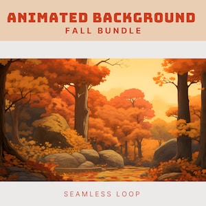 Puede incluir: Fondo animado que presenta una escena de bosque con follaje otoñal en tonos naranja, rojo y amarillo. Los árboles están desnudos y el suelo está cubierto de hojas. Hay un arroyo que atraviesa el bosque. El texto "SEAMLESS LOOP" está en la parte inferior de la imagen.