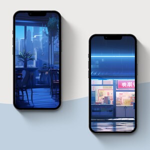 May include: Two phone screen mockups with different cityscapes. The first shows a cafe with a view of a city skyline. The second shows a storefront with a neon sign that reads "美味屋".