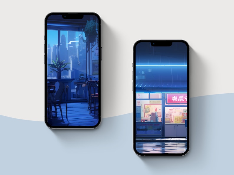 May include: Two phone screen mockups with different cityscapes. The first shows a cafe with a view of a city skyline. The second shows a storefront with a neon sign that reads "美味屋".
