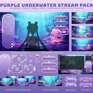 Peut inclure: Pack de diffusion Twitch sur le thème sous-marin en violet et bleu avec des arrière-plans animés, des superpositions, des panneaux, des alertes et des écrans de diffusion. Le pack présente une silhouette de sirène aux longs cheveux flottants.