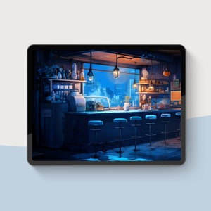 Pode incluir: Uma vista noturna de um balc&atilde;o de bar com banquetas e uma vista da cidade atrav&eacute;s da janela. O bar &eacute; iluminado com luzes quentes amarelas e tem um balc&atilde;o de madeira escura. H&aacute; garrafas e copos nas prateleiras atr&aacute;s do balc&atilde;o.