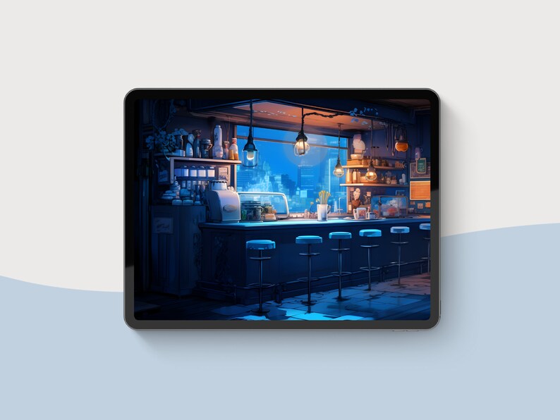 Pode incluir: Uma vista noturna de um balc&atilde;o de bar com banquetas e uma vista da cidade atrav&eacute;s da janela. O bar &eacute; iluminado com luzes quentes amarelas e tem um balc&atilde;o de madeira escura. H&aacute; garrafas e copos nas prateleiras atr&aacute;s do balc&atilde;o.