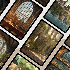 May include: A collection of digital art displayed on tablets, featuring detailed illustrations of fantasy settings. Scenes include a library, a castle on a cliff, and a gothic-style courtyard. The artwork has a warm color palette with intricate architectural details.