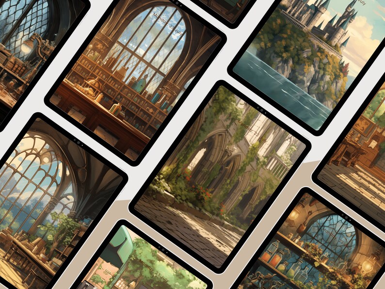 May include: A collection of digital art displayed on tablets, featuring detailed illustrations of fantasy settings. Scenes include a library, a castle on a cliff, and a gothic-style courtyard. The artwork has a warm color palette with intricate architectural details.