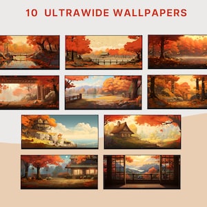 May include: Ten autumnal landscape wallpapers featuring scenes of forests, rivers, and houses. The images are in a wide aspect ratio, suitable for ultrawide monitors.