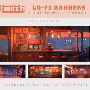 Peut inclure: Une collection de bannières Twitch et de fonds d'écran représentant une illustration pixelisée d'un bar de style japonais avec vue sur la ville. Le bar possède un comptoir avec des tabourets, une caisse enregistreuse et des étagères avec des livres. La ville est éclairée par des néons. Le texte "LO-FI BANNERS + BONUS WALLPAPERS COLLECTION 1" est affiché au-dessus de l'image. Le texte "ULTRAWIDE AND DESKTOP WALLPAPERS" est affiché en dessous de l'image.