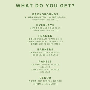 May include: A green and white graphic listing the different types of digital assets included in a product package. The assets include backgrounds, overlays, frames, banners, panels, and decor. The graphic includes the number of each type of asset and the dimensions and aspect ratio of each.