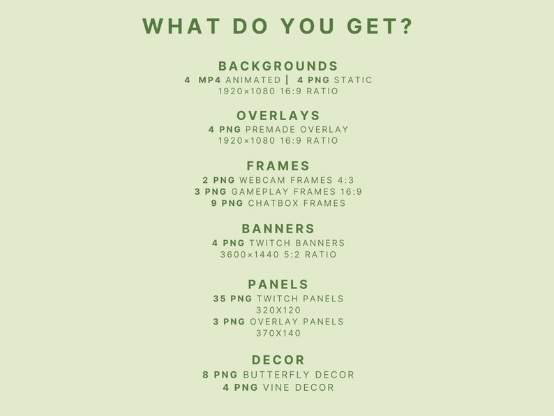 May include: A green and white graphic listing the different types of digital assets included in a product package. The assets include backgrounds, overlays, frames, banners, panels, and decor. The graphic includes the number of each type of asset and the dimensions and aspect ratio of each.