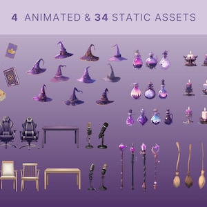 May include: A set of 38 digital assets for creating a witchy or magical themed design. The set includes 4 animated and 34 static assets. The static assets include purple and black witch hats, potion bottles, candles, a gaming chair, a desk, a chair, a microphone, a wand, and a broom.