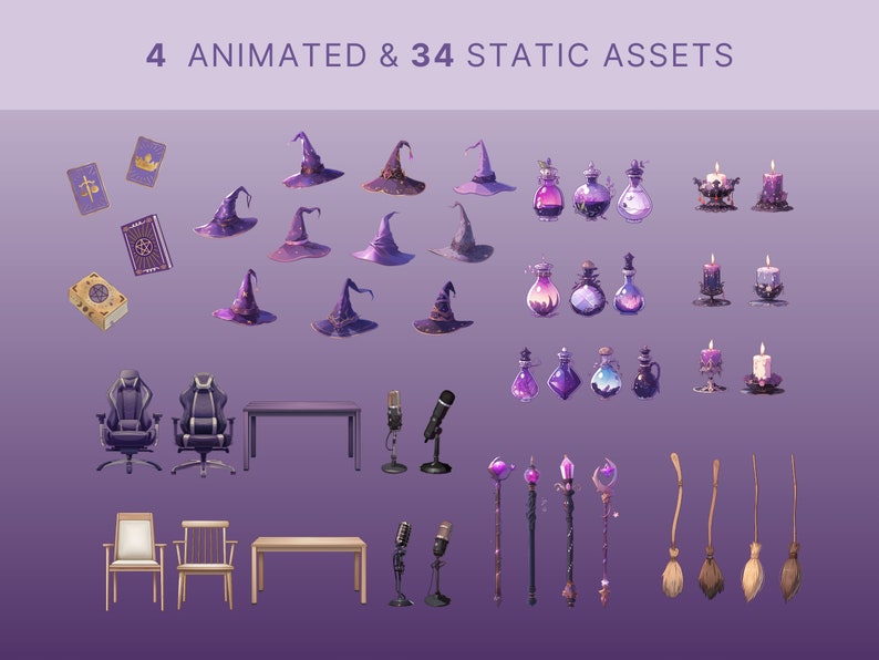 May include: A set of 38 digital assets for creating a witchy or magical themed design. The set includes 4 animated and 34 static assets. The static assets include purple and black witch hats, potion bottles, candles, a gaming chair, a desk, a chair, a microphone, a wand, and a broom.