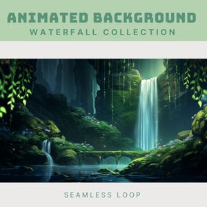 Könnte beinhalten: Animierte digitale Illustration einer Wasserfall-Szene. Der Text lautet "Animated Background Waterfall Collection" und "Seamless Loop". Die Szene zeigt einen Wasserfall, der in einen Pool stürzt, mit einer Brücke und üppigem Grün.