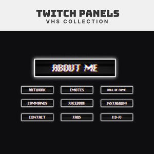May include: A set of Twitch panels with a retro VHS aesthetic. The panels include "About Me," "Artwork," "Emotes," "Hall of Fame," "Commands," "Facebook," "Instagram," "Contact," "FAQs," and "Ko-Fi" on a black background.