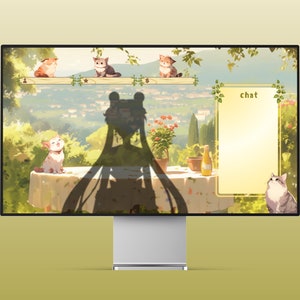 May include: A computer screen displaying a digital illustration of a cartoon character with long, blue hair and a yellow crown. The character is standing in front of a table with a white tablecloth. There are four cats sitting on a ledge above the table. The screen also has a chat box with the word "chat" at the top.