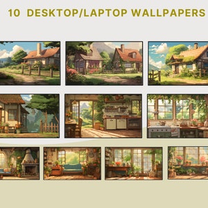 May include: Ten digital desktop or laptop wallpapers featuring illustrations of a quaint cottage in a lush green landscape. The cottage has a red roof, white walls, and green windows. The surrounding landscape is filled with trees, flowers, and a winding path.