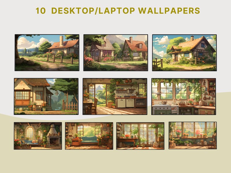 May include: Ten digital desktop or laptop wallpapers featuring illustrations of a quaint cottage in a lush green landscape. The cottage has a red roof, white walls, and green windows. The surrounding landscape is filled with trees, flowers, and a winding path.