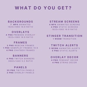 K&ouml;nnte beinhalten: Eine lila und wei&szlig;e Grafik mit dem Text "What do you get?" und einer Liste verschiedener Arten von digitalem Inhalt f&uuml;r Twitch-Streamer, darunter Hintergr&uuml;nde, Overlays, Rahmen, Banner, Panels, Stream-Bildschirme, Stinger-&Uuml;berg&auml;nge und Twitch-Benachrichtigungen.