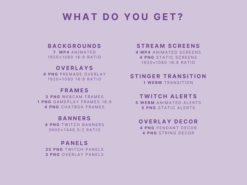 K&ouml;nnte beinhalten: Eine lila und wei&szlig;e Grafik mit dem Text "What do you get?" und einer Liste verschiedener Arten von digitalem Inhalt f&uuml;r Twitch-Streamer, darunter Hintergr&uuml;nde, Overlays, Rahmen, Banner, Panels, Stream-Bildschirme, Stinger-&Uuml;berg&auml;nge und Twitch-Benachrichtigungen.