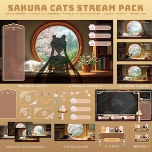 vtuber sakura stream package cute cat twitch overlay sakura vtuber animated background cozy cat stream pack cute twitch cat overlay sakura