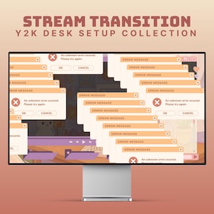May include: A computer monitor shows a Y2K-themed desktop setup with multiple error message pop-up windows. The text "STREAM TRANSITION Y2K DESK SETUP COLLECTION" is at the top. The monitor has a silver stand and is set against a peach background.