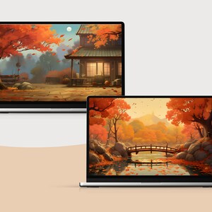 May include: Two laptop screens displaying digital art of autumn scenes. The first screen shows a house with a porch and a yard with trees in the background. The second screen shows a bridge over a river with trees on both sides.