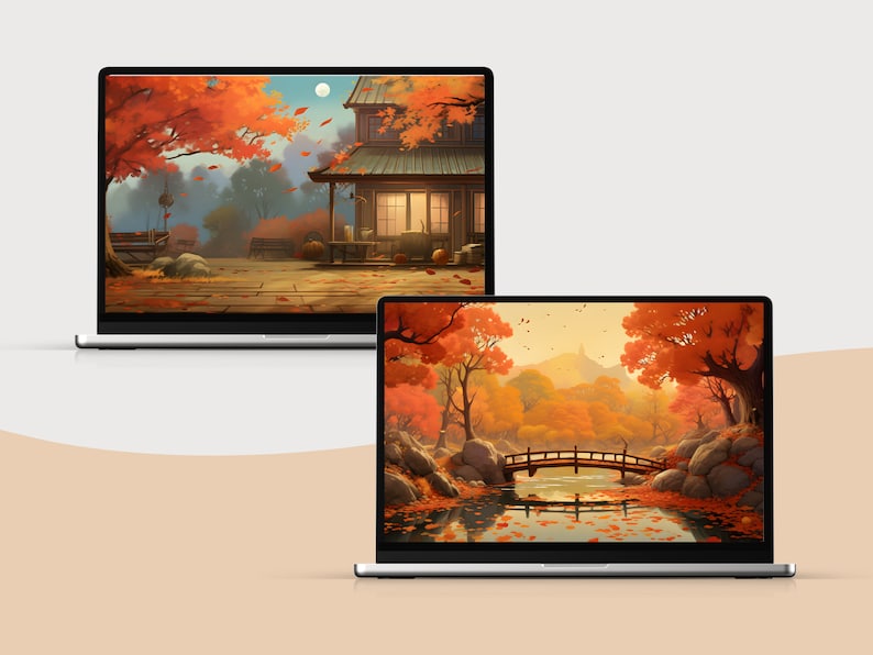 May include: Two laptop screens displaying digital art of autumn scenes. The first screen shows a house with a porch and a yard with trees in the background. The second screen shows a bridge over a river with trees on both sides.