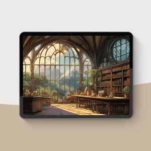 May include: A digital illustration of a sunlit library with large arched windows overlooking a landscape. The room features bookshelves, tables, and plants, creating a warm and inviting atmosphere. The artwork is displayed on a tablet.