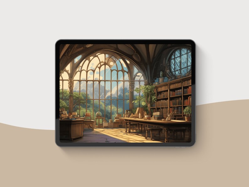 May include: A digital illustration of a sunlit library with large arched windows overlooking a landscape. The room features bookshelves, tables, and plants, creating a warm and inviting atmosphere. The artwork is displayed on a tablet.