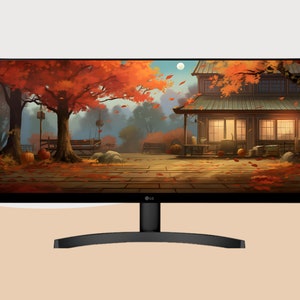 May include: A black computer monitor with a curved base displays a digital illustration of a house with a porch and trees with red leaves. The scene is set in a fall setting with pumpkins and fallen leaves on the ground.