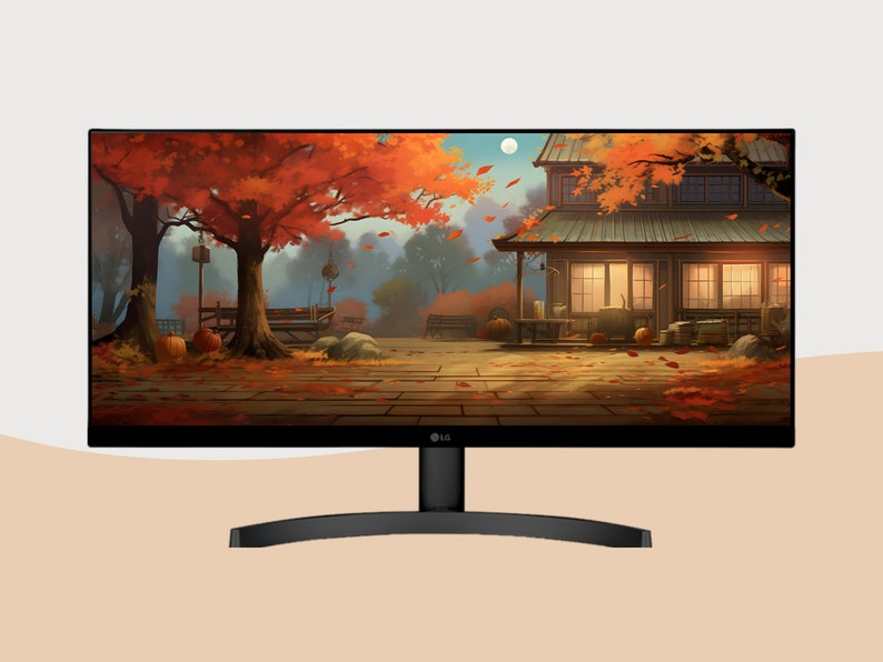 May include: A black computer monitor with a curved base displays a digital illustration of a house with a porch and trees with red leaves. The scene is set in a fall setting with pumpkins and fallen leaves on the ground.