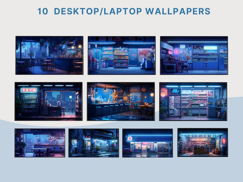 May include: Ten digital illustrations of a convenience store at night with neon signs and a city skyline in the background. The store is lit with blue and pink neon lights. The illustrations are in a cartoon style.