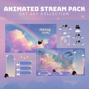 May include: Animated stream pack with a Cat Sky Collection theme. The design features a pastel sky with a rainbow, clouds, and stars. Includes animated overlays, panels, and a starting soon screen, all with a cat theme.