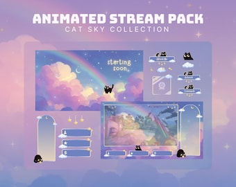 cute cat twitch pack pink sky witch overlay animated cat stream screens cute obs overlay pastel sky twitch pack animated cat stinger twitch