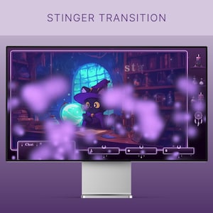 May include: A black cat wearing a purple and black witch hat sits in front of a crystal ball. The cat is in a room with a bookshelf, a window, and a table. The room is lit by candles and a purple glow. The image is a stinger transition for a video.