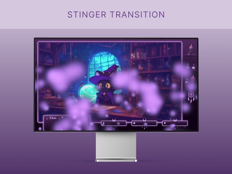 May include: A black cat wearing a purple and black witch hat sits in front of a crystal ball. The cat is in a room with a bookshelf, a window, and a table. The room is lit by candles and a purple glow. The image is a stinger transition for a video.