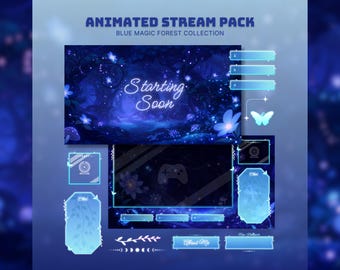 Blue Enchanted Forest Vtuber Stream Package Animated Twitch Overlay Cozy Fantasy Stream Screens Fairy Vtuber Overlay butterfly stinger obs