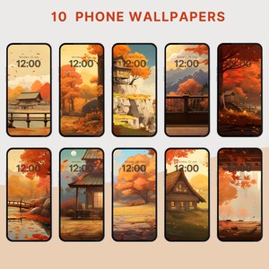 May include: Ten phone wallpapers featuring autumnal scenes with a Japanese aesthetic. Each wallpaper features a different scene, including a wooden bridge, a traditional house, and a forest. The wallpapers are all in warm colors, with shades of orange, yellow, and brown.