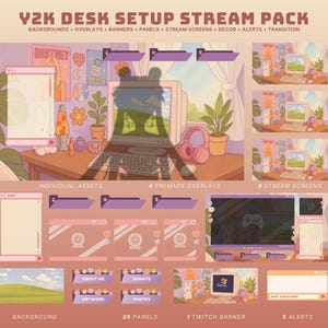 Pacote de transmissão aconchegante y2k sobreposição de twitch pacote de transmissão retrô fofo sobreposição de twitch retrô fundo vintage animado aconchegante twitch retrô vtuber rosa